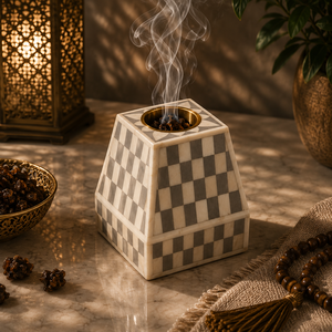 Brûleur d'encens de luxe en résine à motif rayé avec incrustation d'os et coupelle en laiton, pour Bakhoor islamique, décoration arabe pour Ramadan et l'Aïd, cadeau - Product Image 6