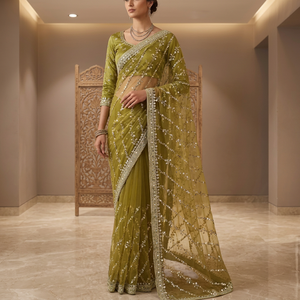 Sari en soie verte brodé pour femme, tenue de mariage traditionnelle, longueur au sol, coupe classique, style Inde Pakistan - Product Image 4