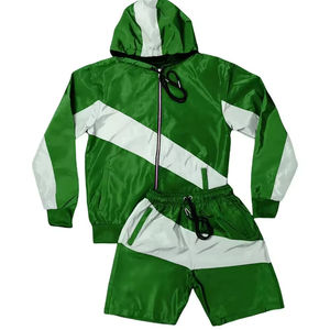 Custom <b>Men</b> Windbreaker <b>Jacket</b> Shorts Set Green <b>White</b> Color Block Hooded Tracksuit Breathable Polyester OEM Wholesale - Product Image 1