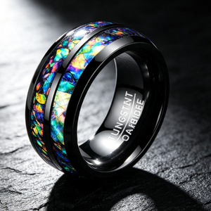 Bague en carbure de tungstène noir avec incrustation d'opale multicolore en forme de coquille concassée, alliance bombée pour hommes et femmes, bijoux Galaxy en gros - Product Image 4