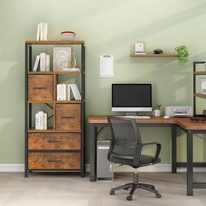 Libreria a 5 Ripiani e 4 Cassetti in Tessuto Non Tessuto 60*30*147cm, Struttura in Ferro Nero e Finitura Effetto Legno per Hotel - Product Image 2