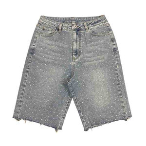 Shorts en jean double taille personnalisés style streetwear, déchirés, délavés à l'acide, vintage, avec strass, effet soleil, pour hommes - Product Image 1