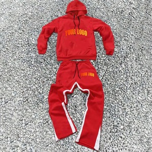 Unisex <b>Red</b> Tracksuit Set Hooded Sweatshirt With Drawstring Pants Solid Color Casual Wear For Adults Autumn Season Full Length - Product Image 1
