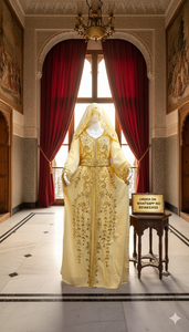 Elegante Vestido Maxi Kaftan Islámico de Georgette Amarillo Esmeralda con Adornos de Cristal Morado Real y Bordado de Cuentas Doradas Brillantes Hecho a Mano - Product Image 2