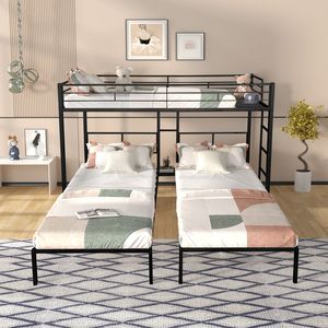 Lit superposé triple avec structure métallique robuste, lattes en bois anti-bruit et sans grincement, aucun sommier requis - pour les dortoirs - Product Image 2