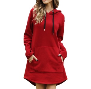 Red Oversized Hooded Long Sleeve <b>Sweatshirt</b> <b>Dress</b> With Front Pocket Casual Wear For <b>Women</b> Autumn Season Fleece Material - Product Image 1