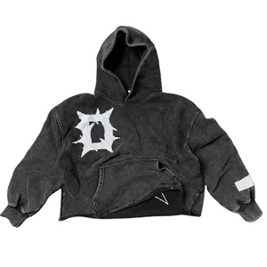 Haute qualité nouvelle mode Vintage haut court en détresse Patch personnalisé broderie lavé à l'acide français éponge sweats à capuche - Product Image 1