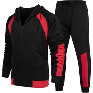 Mens Black and <b>Red</b> Contrast Block Zip-Up <b>Hoodie</b> and Matching Pants Tracksuit OEM ODM Wholesale Apparel - Product Image 1