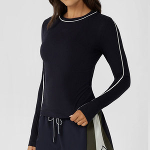 Solid Color Elastic Long Sleeve <b>Compression</b> Gym Shirt Women Muscle Fit Workout Tight Shirt Wide Neck Spandex/Polyester Fabric - Product Image 4