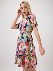 Vestido Midi Floral Elegante y Formal de Alta Calidad para Mujer, con Estampado Floral Natural, Mangas Abullonadas, Corte Crepé, Suave y Transpirable - Product Image 2