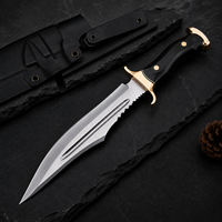 OEM Service Nieuw handgesmeed Damascus staal Rambo Bowie mes met messing beschermkap, houten & hoornen handvat, leren schede, outdoor Bowie mes