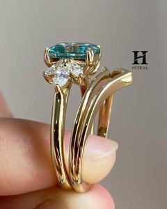 Radiant Cut Cyan Bridal <b>Set</b> 14K <b>Gold</b> Marquise Cluster Engagement <b>Ring</b> with V-Shape Chevron Curved Wedding Band Stackable <b>Set</b> - Product Image 3