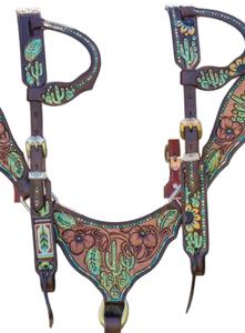 Cactus usiné peint cheval Tack ensemble complet tête poitrine plaque en cuir véritable léger saisonnier cheval débarrasser équipements - Product Image 2