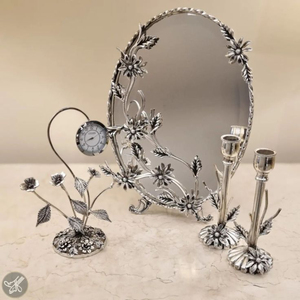 Stainless Steel Silver Shiny Polished Flowers Designer Attractive Look Round <b>Tray</b> Bowl With Candle Holder Dinnerware Set Supply - Product Image 1
