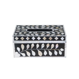 Caja de pañuelos de lujo moderna, hecha a mano, con incrustaciones de nácar brillante en blanco y negro, rectangular, estilo bohemio, para decoración de mesa. - Product Image 2