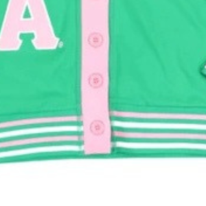 Chaqueta Cárdigan Varsity Personalizada Verde y Rosa, Manga Larga con Lentejuelas, Cierre de Botones, Cuello en V, Ribete Acanalado, Ropa Deportiva de Moda - Product Image 3