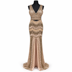 Golden Embellished Mermaid Evening Gown | Deep V-Neck Sleeveless Floor-Length Formal <b>Dress</b> with Waist Cutout and Front Slit Chic - Product Image 1