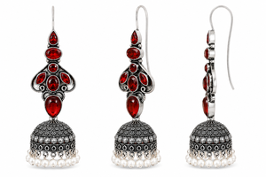 Trusted Supplier Oxidized Silver <b>Red</b> Stone Indian Jhumka <b>Earrings</b> for Women Bulk Supplier - Product Image 4