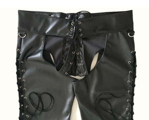<b>Men's</b> Black Sexy Tight Pu Leather Shorts Solid Pattern Casual Faux Front Bandage Drawstring Closure High Waist Eco-Friendly - Product Image 4