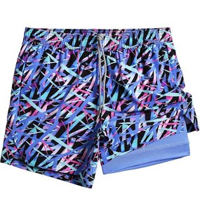 Shorts de bain pour hommes à imprimé géométrique, séchage rapide, respirants, extensibles dans 4 directions, avec cordon de serrage, décontractés, longueur courte, taille mi-haute - Product Image 1