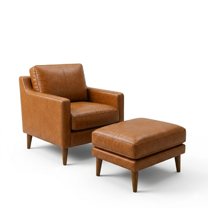 Fauteuil en cuir marron cognac de luxe avec ottoman, chaise de lecture moderne du milieu du siècle pour salon, fauteuil d'appoint en cuir avec ottoman - Product Image 2