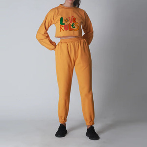 Women's <b>Orange</b> Cropped <b>Sweatshirt</b> With Love Rules Print Full Sleeve Crew Neck Loose Fit Casual Spring Tracksuit Set - Product Image 1