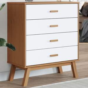 Cómoda Blanca y Marrón de 4 Cajones, Mueble de Dormitorio Moderno de Mediados de Siglo, Gabinete Independiente de Madera Maciza de Pino - Product Image 1