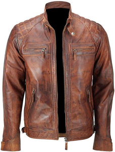 Veste moto en cuir véritable marron pour homme, col montant, fermeture éclair, coupe classique, pour l'automne - Product Image 3