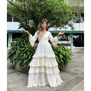 Vestido de Novia Moderno de Algodón, Estilo Princesa, Manga Larga, para Embarazadas, con Volantes, Largo hasta el Suelo, Ecológico, Casual, con Cuello en V y Espalda Descubierta - Product Image 1