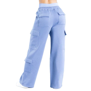Pantalon cargo décontracté sportif rose uni taille haute coupe droite longueur entière pour femme avec poches et taille élastique, idéal pour l'été, 100 % polyester - Product Image 3