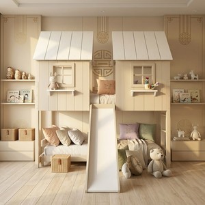Twin Size Wooden Loft <b>Bed</b> <b>with</b> <b>Slide</b> White and Pink Scandinavian Design for Kids Storage Space Included - Product Image 3