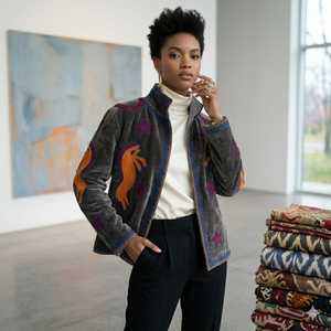 Suzani Embroidered Quilted Knitted Velvet Bomber <b>Jacket</b> Handcrafted Floral Boho Statement Wear Full Sleeve Eco-Friendly Autumn - Product Image 3