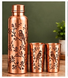 Juego de Botellas de Agua Tradicionales de Cobre con Tapa y 2 Tazas, Diseño Tradicional Grabado con Elefantes - Product Image 3