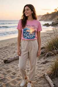 Camiseta Personalizada con Estampado de Delfín Rosa y Olas, Camiseta de Algodón con Gráfico de Atardecer y Océano para Mujer, Estilo Playero y Surf, Top de Verano al por Mayor - Product Image 5