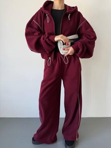 Conjunto Deportivo Unisex Rosa con Capucha, Corte Holgado, Estilo Urbano, Color Sólido, Cordón Ajustable, Bolsillos Laterales, Ropa de Otoño - Product Image 4