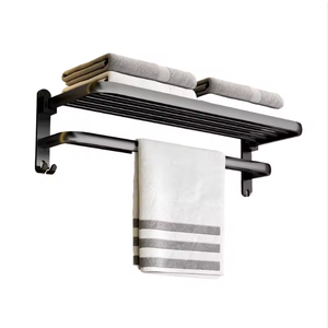 Black Wall Mounted Bathroom Towel Rack with Hooks Metal Folding <b>Storage</b> Shelf for Towels Clothes and <b>Bath</b> Accessories - Product Image 3