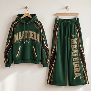 Conjunto Deportivo Verde Dorado con Pedrería para Mujer, Sudadera Holgada y Pantalones Anchos, Ropa Urbana Personalizada, Fabricante de Ropa al Por Mayor - Product Image 5