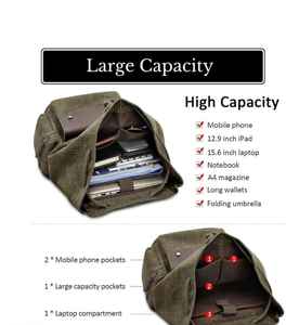 กระเป๋าเป้สะพายหลังผ้าแคนวาสวินเทจพร้อมขอบหนังความจุขนาดใหญ่สไตล์ทหารกระเป๋าเป้สะพายหลังทัวร์เทียร์ เรโทรกระเป๋าเดินทางสำหรับผู้ชายและผู้หญิง - Product Image 3