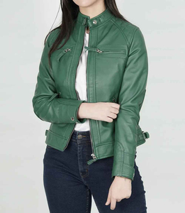 Veste en cuir de motard verte pour femme, sur mesure, OEM, coupe ajustée, en véritable peau de mouton, fabriquée au Pakistan - Product Image 1