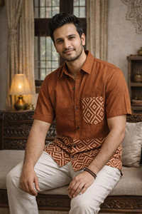 Men Handcrafted Rust Brown Cotton Short Sleeve <b>Shirt</b> with Geometric Ajrakh Block Print Border Summer Wear for Casual Elegance - Product Image 4