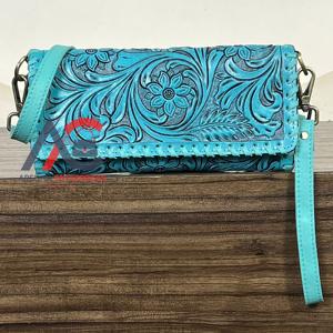 Bolso Mini Trifold de Cuero Vacuno Genuino con Diseño Floral Estilo Occidental, Vintage, Boho, Estilo Inglés, con Bloqueo RFID para Mujer - Product Image 1