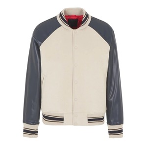 Veste universitaire pour homme, corps crème, manches en PU marine, fermeture boutonnée, col rabattu, coupe classique, style décontracté d'automne - Product Image 5