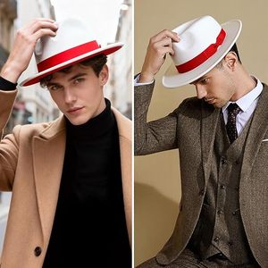 White Fedora Hat with <b>Red</b> Decorative Band Unisex Formal Party Accessory Breathable Acrylic <b>Material</b> Four Seasons Wear - Product Image 6
