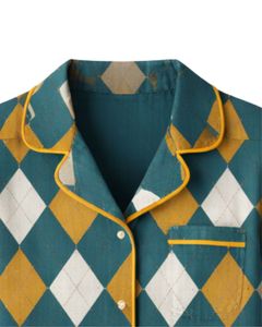 Ensemble de pyjama pour femmes personnalisé vert jaune argyle, manches longues, boutonné, vêtements de nuit en coton doux, ensemble de détente deux pièces - Product Image 5