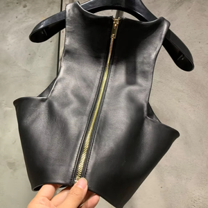 Chaleco de cuero genuino para mujer, estilo universitario, corto, a la moda, 2026 - Product Image 3