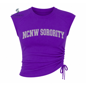 NCNW Sorority Women's Bling Rhinestone Ribbed Tank <b>Top</b> Ruched Side Crew Neck <b>Raglan</b> Cap Sleeve Casual Crop <b>Top</b> - Product Image 1