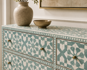 Buffet de salle à manger en bois massif à motifs, console de rangement avec tiroirs et pieds en métal pour salon et entrée - Product Image 4