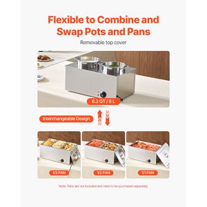 Scaldavivande Elettrico Commerciale a Vapore da 1200W con Due Pentole in Acciaio Inox da 6,34QT, Temperatura Regolabile da 86~185 Fahrenheit - Product Image 3