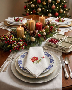Serviettes de table en coton brodées personnalisées avec des poinsettias de Noël, réutilisables, lavables, avec ourlet festonné, pour les dîners, les mariages et les fêtes - Product Image 5