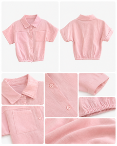 เสื้อเชิ้ตแขนสั้นผ้าลินินผสมสีชมพูสำหรับเด็กผู้หญิง |   เสื้อเชิ้ตติดกระดุมลำลองสำหรับฤดูร้อน - Product Image 3